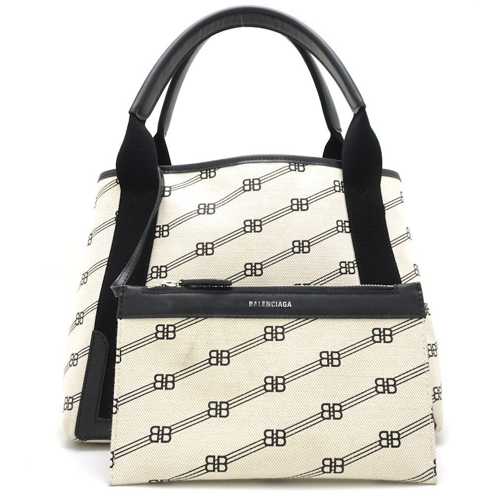 Balenciaga Navy Cabas Handbag Canvas Leather Ivory Black